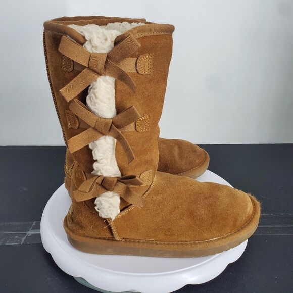 Koolaburra by UGG Boots Youth Size 2 Chestnut Suede Bow Fur Lined 102017 - Picture 5 of 7